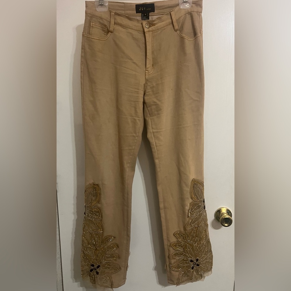 Vintage Tan Embroidered Jeans with Ornate Beaded Design